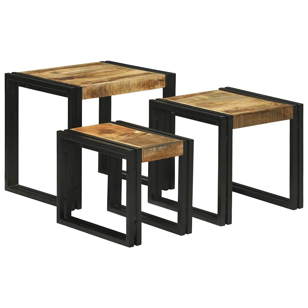 Nesting Table 3 pcs Brown and black Solid rough mango wood